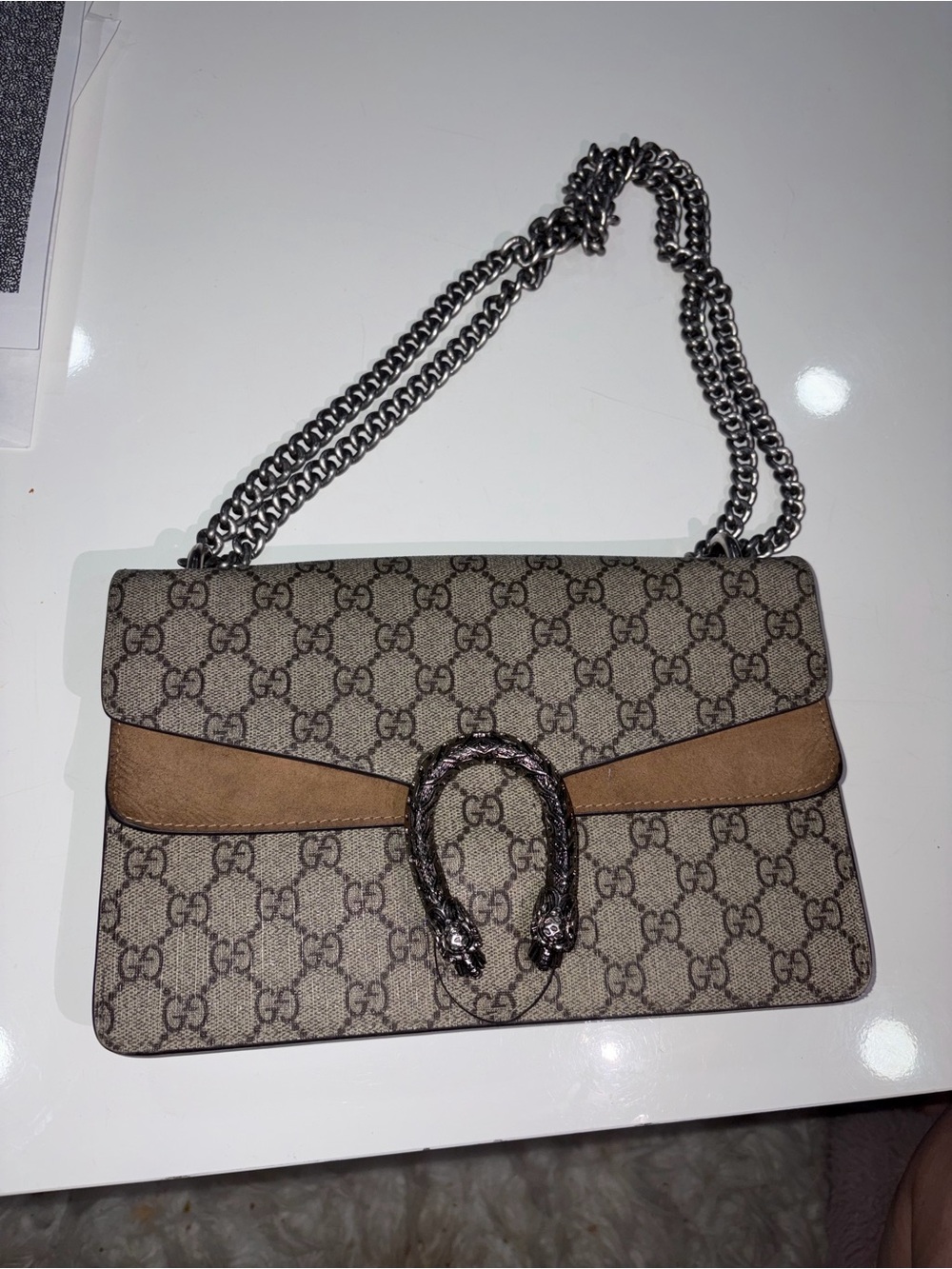 Gucci Beige GG Supreme Canvas Shoulder Bag with Tan Trim
